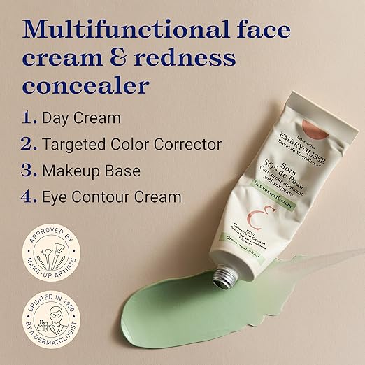 Embryolisse SOS Corrective Cream skincare product shown with green anti-redness cream and on-image text describing multifunctional use as a day cream, targeted color corrector, makeup base, and eye contour cream.