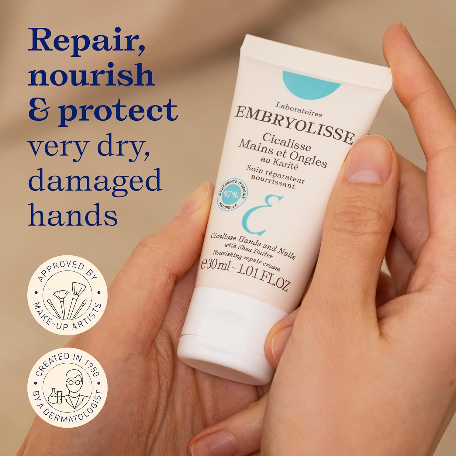 Embryolisse Cicalisse Hands and Nails nourishing repair skincare cream shown in hands, designed to repair, nourish, and protect very dry, damaged skin and hands, enriched with shea butter for intense comfort.