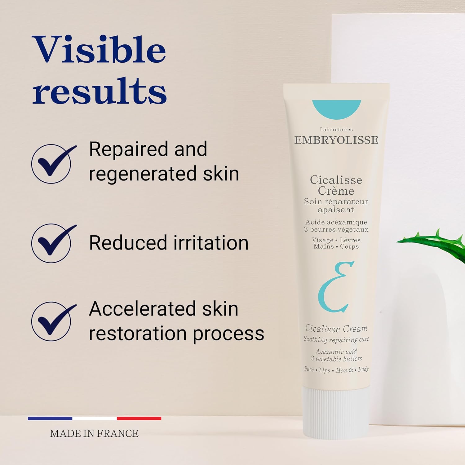 Embryolisse Cicalisse Restorative and Protective Skin Cream skincare shown with visible results messaging, highlighting repaired skin, reduced irritation, and accelerated skin restoration for face, body, and lips.