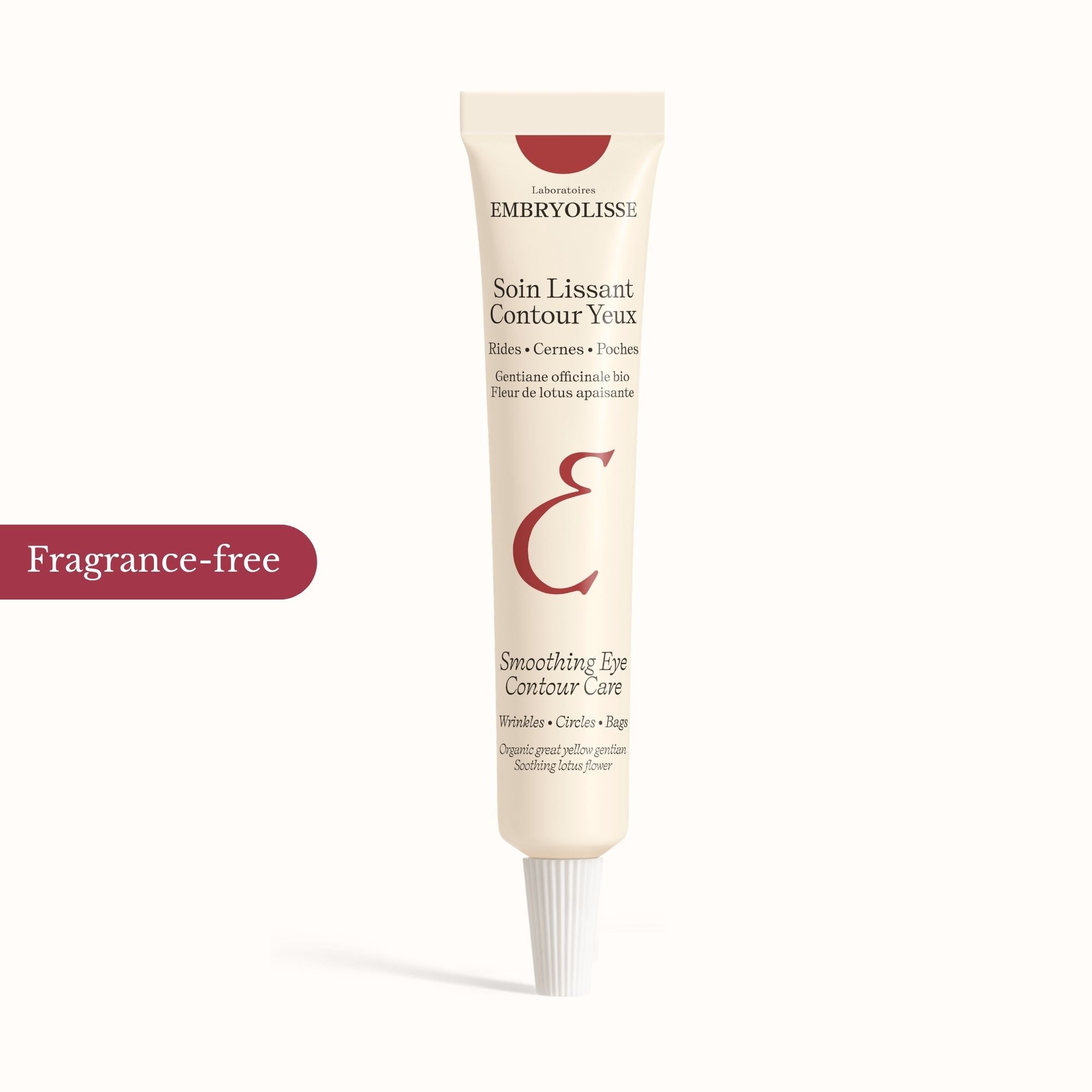 Embryolisse eye contour care tube on a white background with 'NEW Fragrance-free' text.