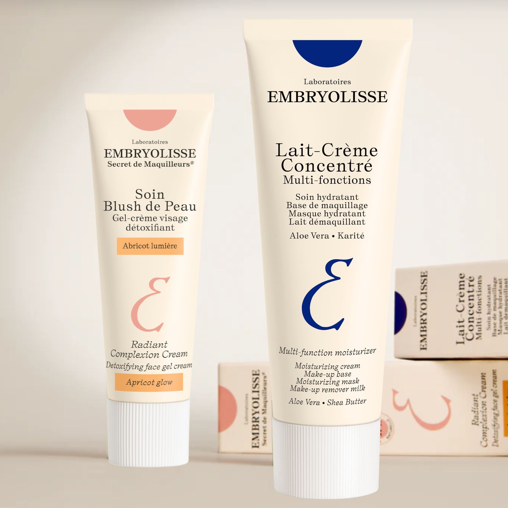 Hydrated and glowing skin with Radiant Complexion Cream - Apricot Glow, while Lait-Crème Concentré deeply moisturizes and nourishes for a soothed and balanced complexion.