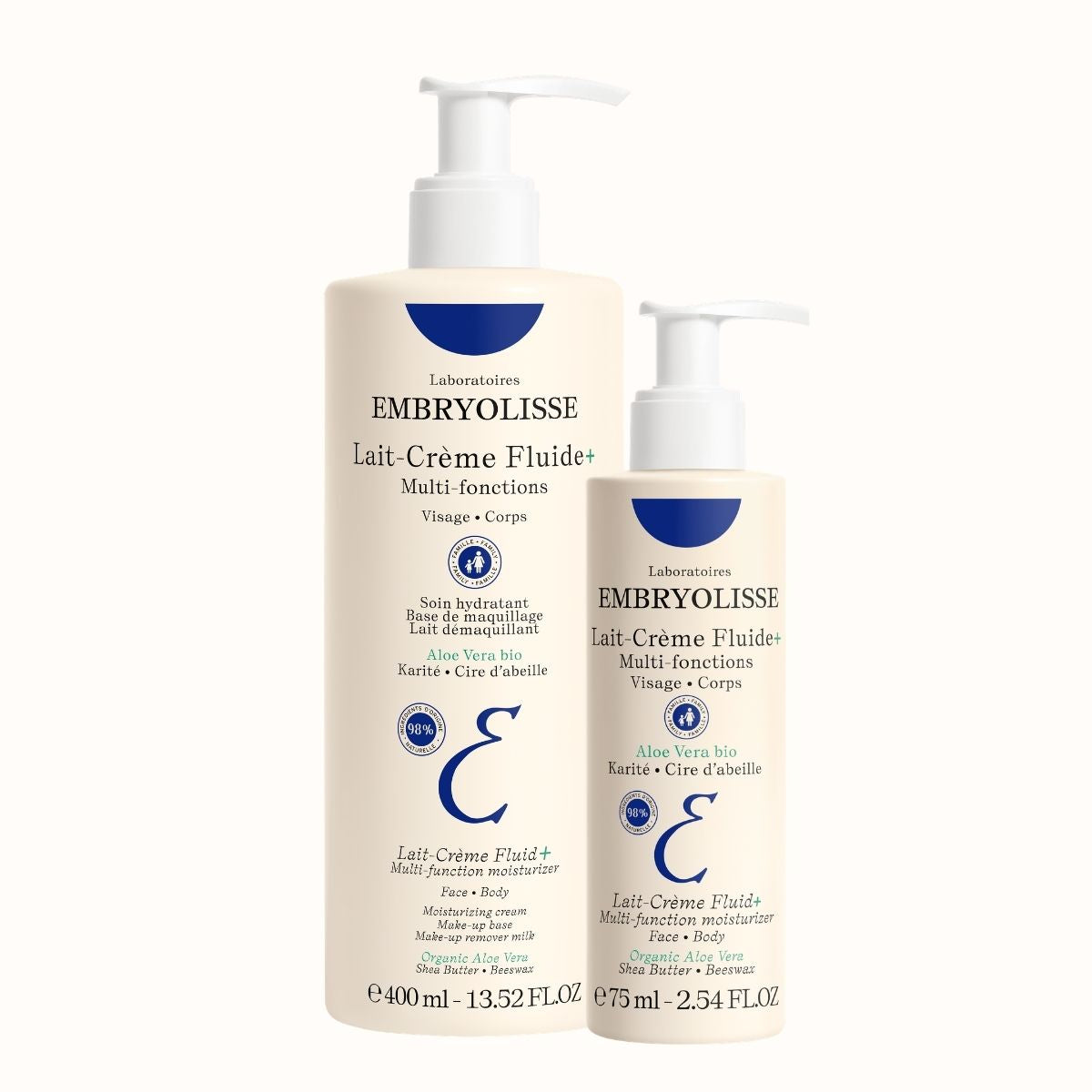 Two Embryolisse Lait-Crem Fluid+ lotion bottles, regular size and travel size, on a white background