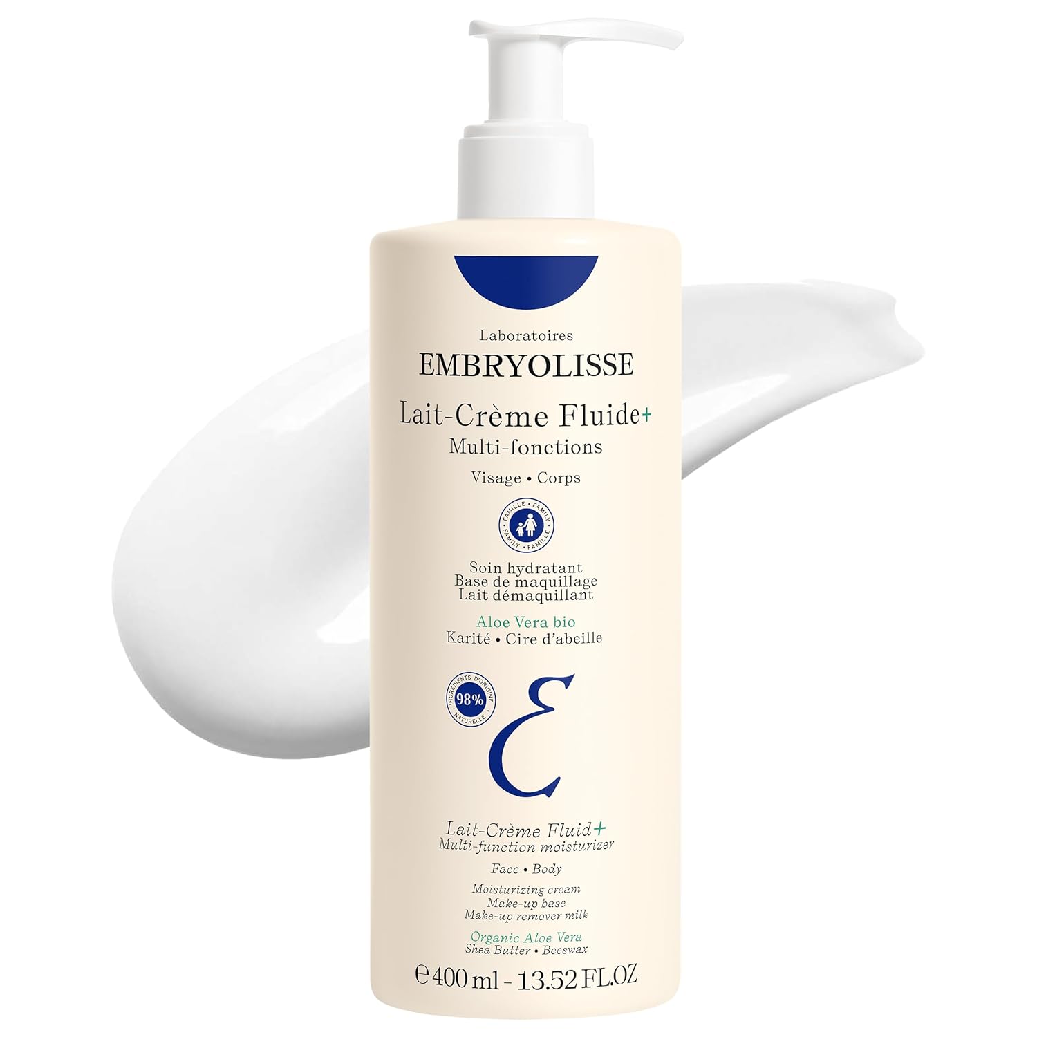 Embryolisse Lait-Crème Fluid+ lotion bottle and cream texture on a white background