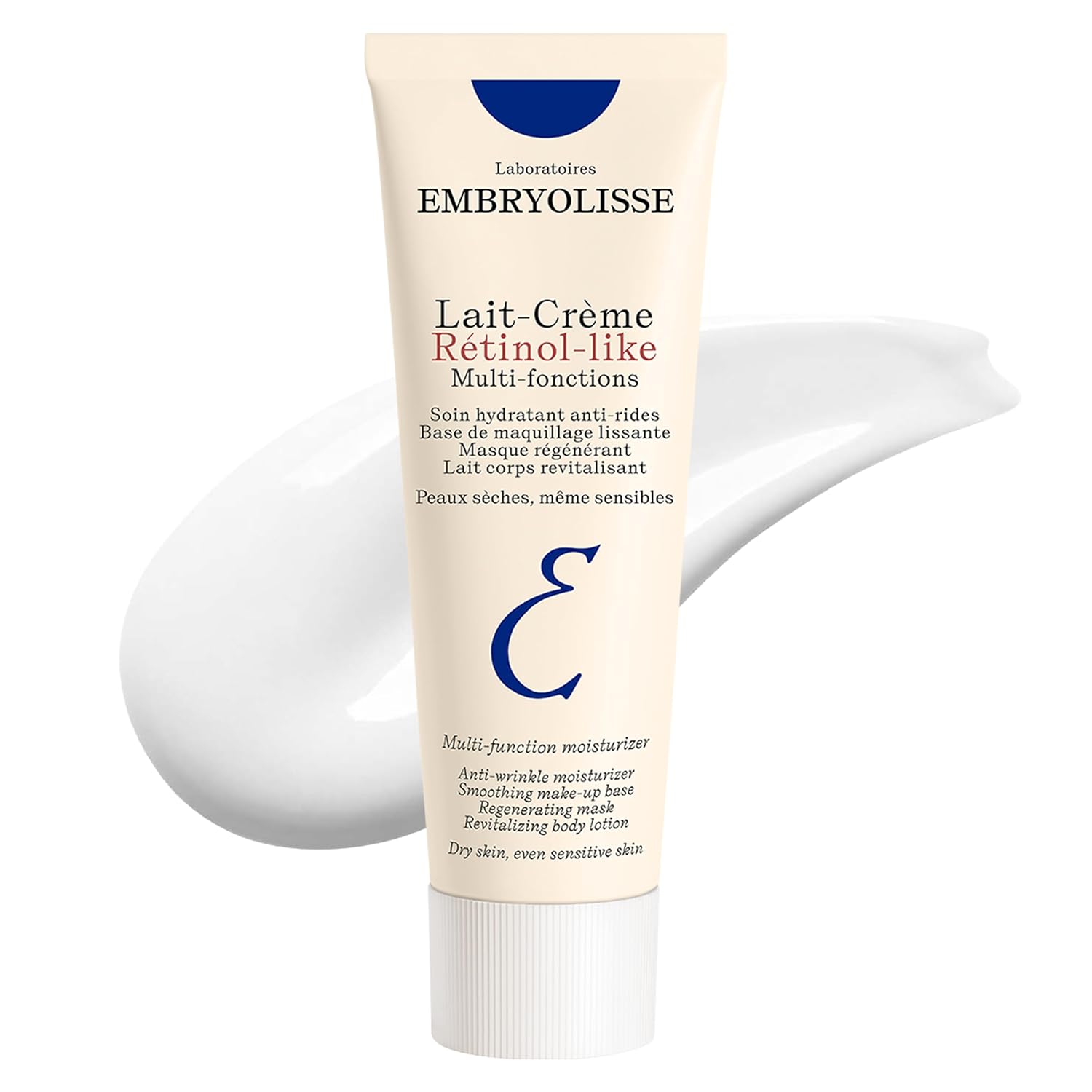 Embryolisse Lait-Creme Retinol-like cream texture and tube on a white background