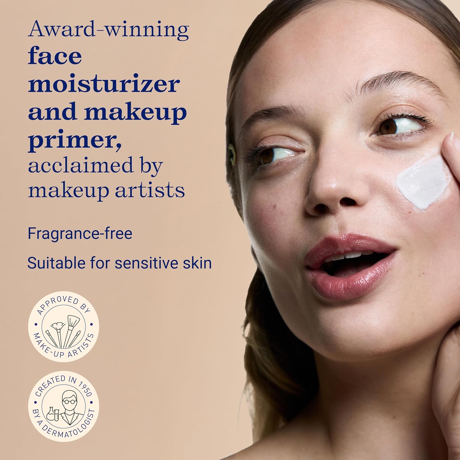 Woman applying Lait-Crème Sensitive moisturizer with text about the product's features on a beige background