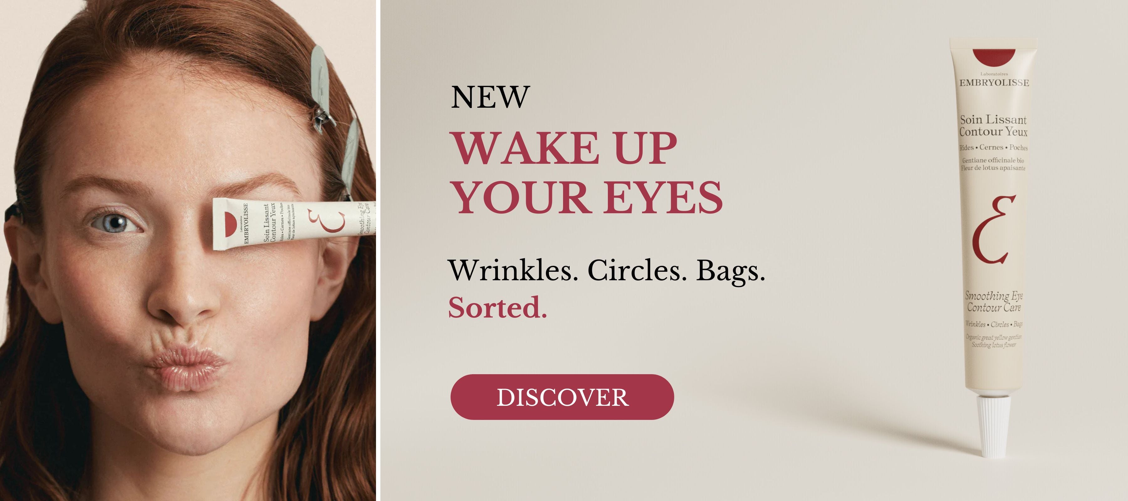 website sliderfor eye cream with a woman's face and product packaging.