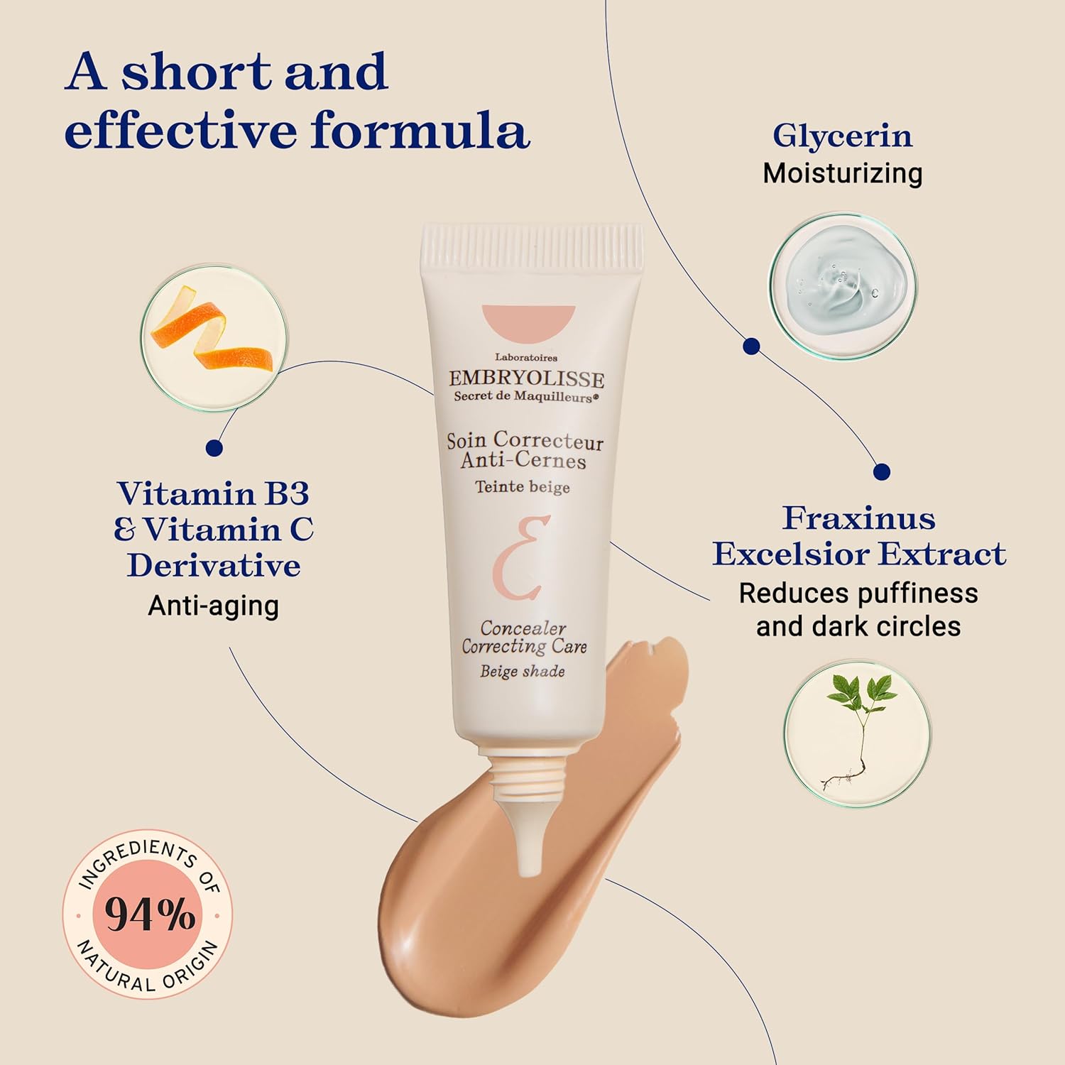 Embryolisse Concealer Correcting Care in beige shade with ingredients listed on a beige background
