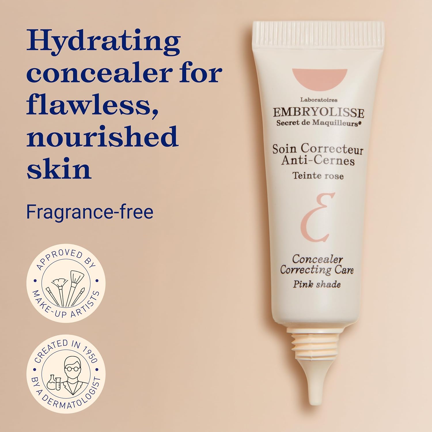 Embryolisse Concealer Correcting Care in pink shade on a beige background with text about hydrating concealer.