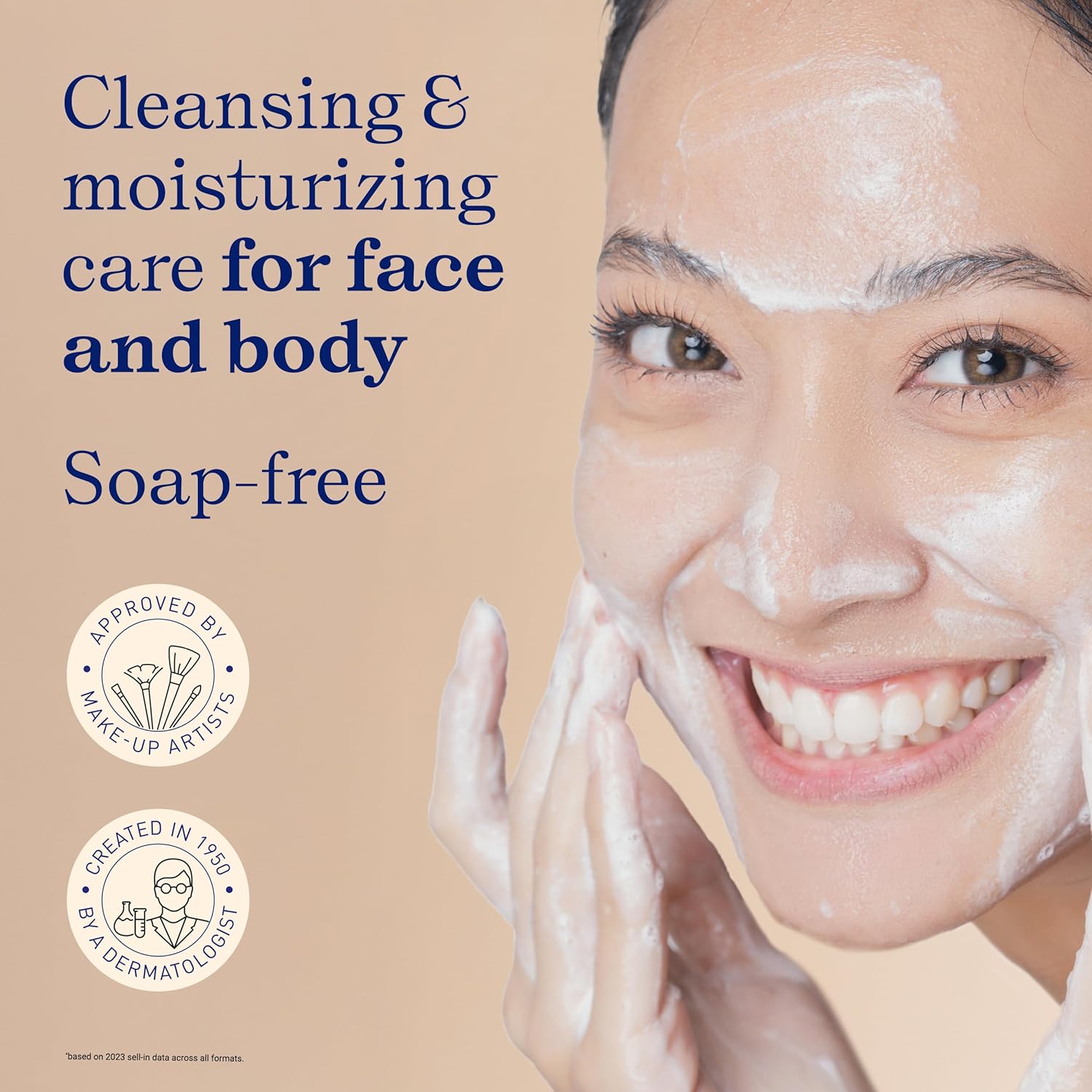 Woman applying Foaming Cream Milk cleanser to her face with text about cleansing and moisturizing care, soap-free, and approval by makeup artists and dermatologists.