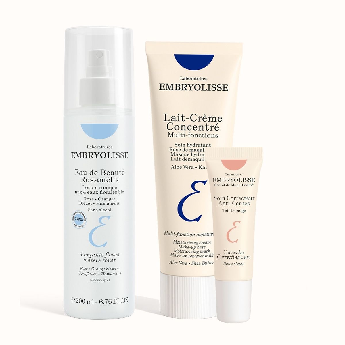 Glowing and Healthy skin set by embryolisse at 20% Off : Lait-crème Concentré moisturizer + Eau de Beauté Rosamelis + Concealer Correcting Care in beige
