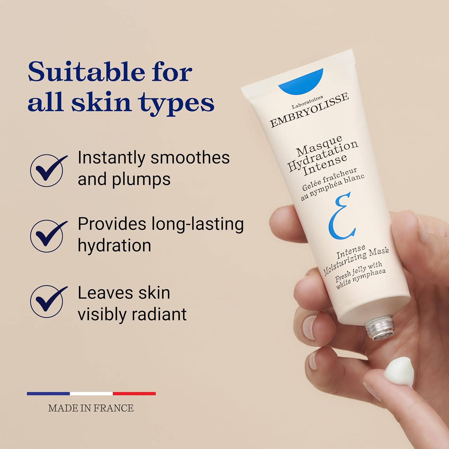 Embryolisse Intense Moisturizing Mask with text on a beige background