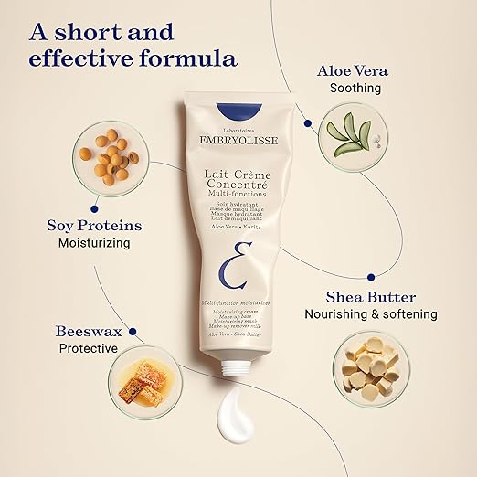 Embryolisse Lait-Crème Concentré moisturizer with ingredients listed on a beige background