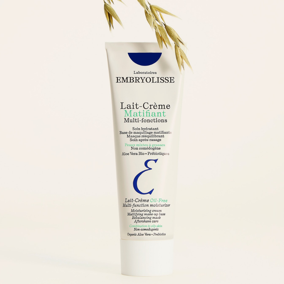 NEW Embryolisse Lait-Crème Oil-Free tube with oat sprigs, the 5-in-1 mattifying moisturizer for combination to oily skin