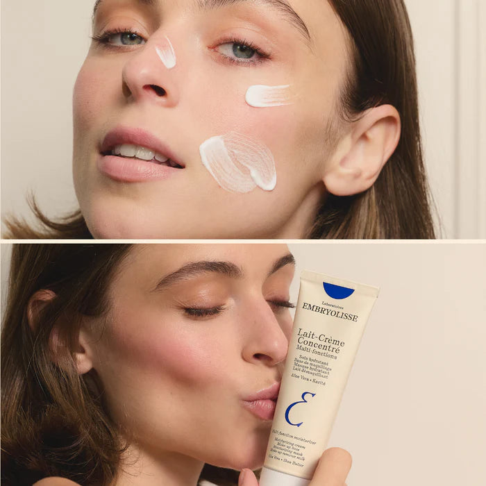 Woman applying cream to her face with a close-up of Embryolisse Lait-Creme Concentre tube.