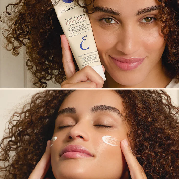 A woman applying Lait-Crème Retinol-like skincare product to her face with a close-up of the product.