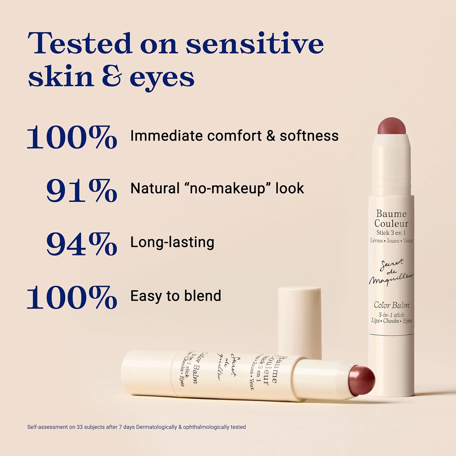 Infographic featuring Embryolisse Artist Secret Color Balm 3-in-1 Stick Mocha with on-image text stating it is tested on sensitive skin and eyes, highlighting consumer test results including 100% immediate comfort and softness, 91% natural “no-makeup” look, 94% long-lasting wear, and 100% easy-to-blend texture, shown alongside two product sticks on a neutral background.