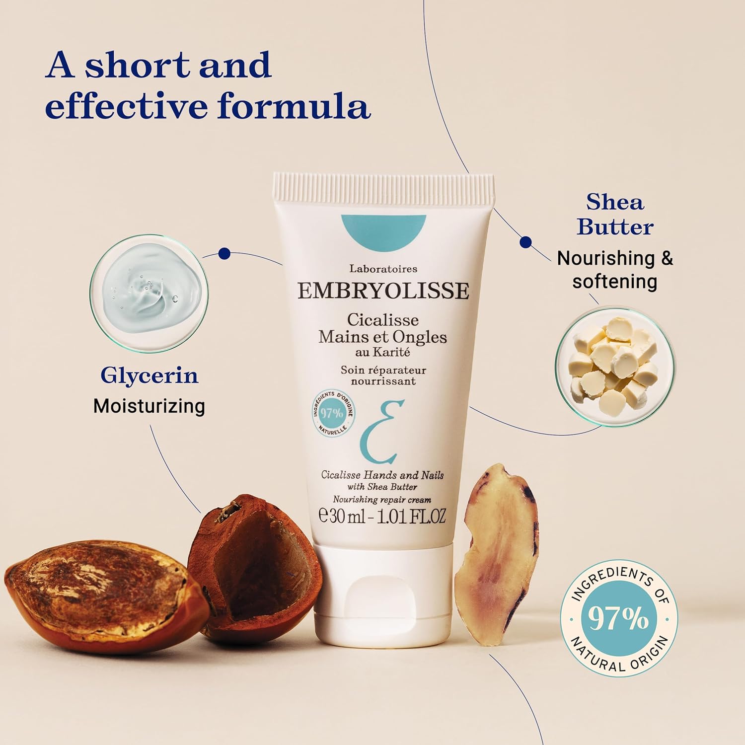 Embryolisse Cicalisse Hands and Nails skincare cream with shea butter and glycerin, illustrating a short and effective formula made with 97% ingredients of natural origin for nourishing, moisturizing, and repairing very dry hands and nails.