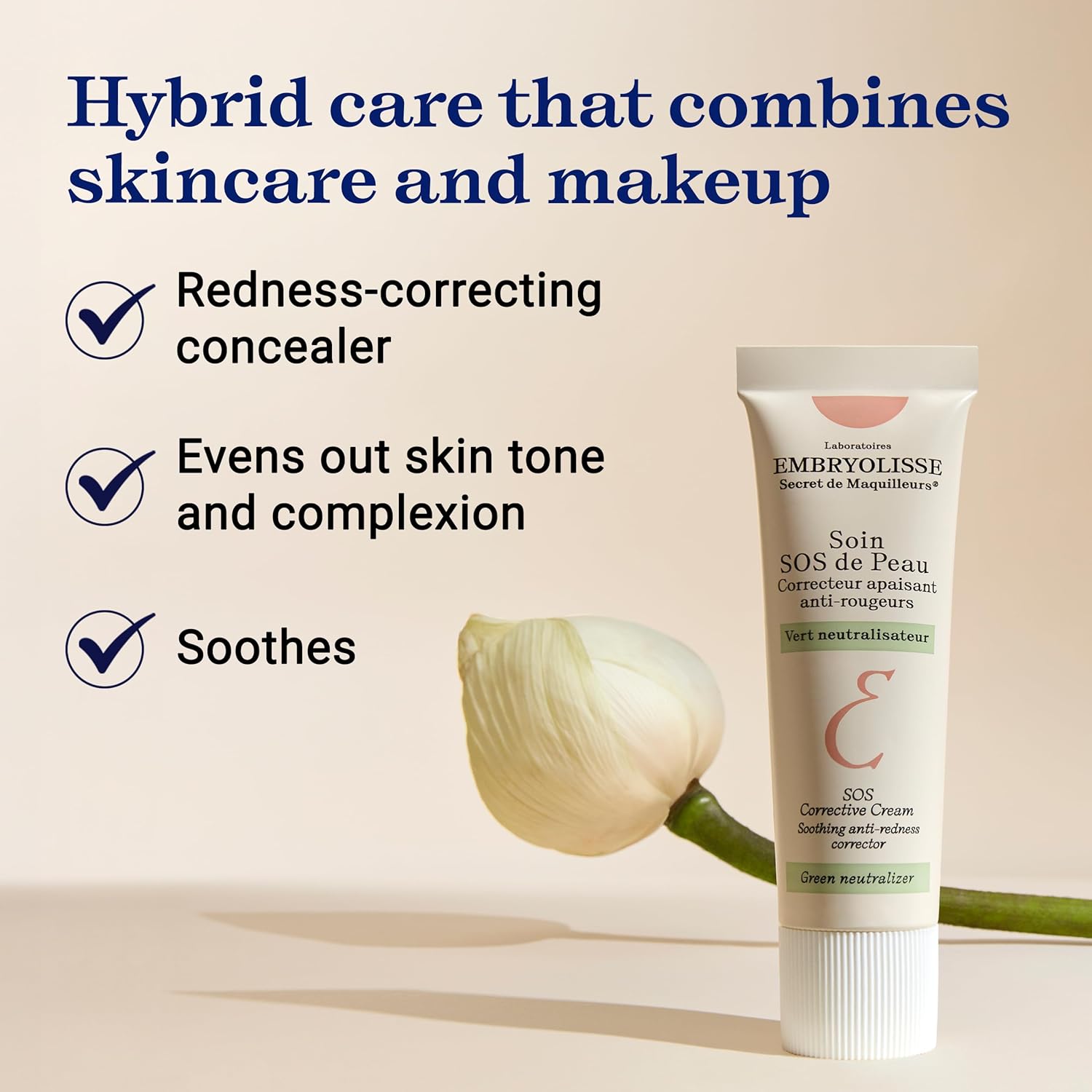 Embryolisse SOS Corrective Cream skincare product shown with on-image text describing hybrid skincare and makeup benefits, including redness-correcting concealer, even skin tone, and soothing care, alongside the beige tube and a white lotus flower.
