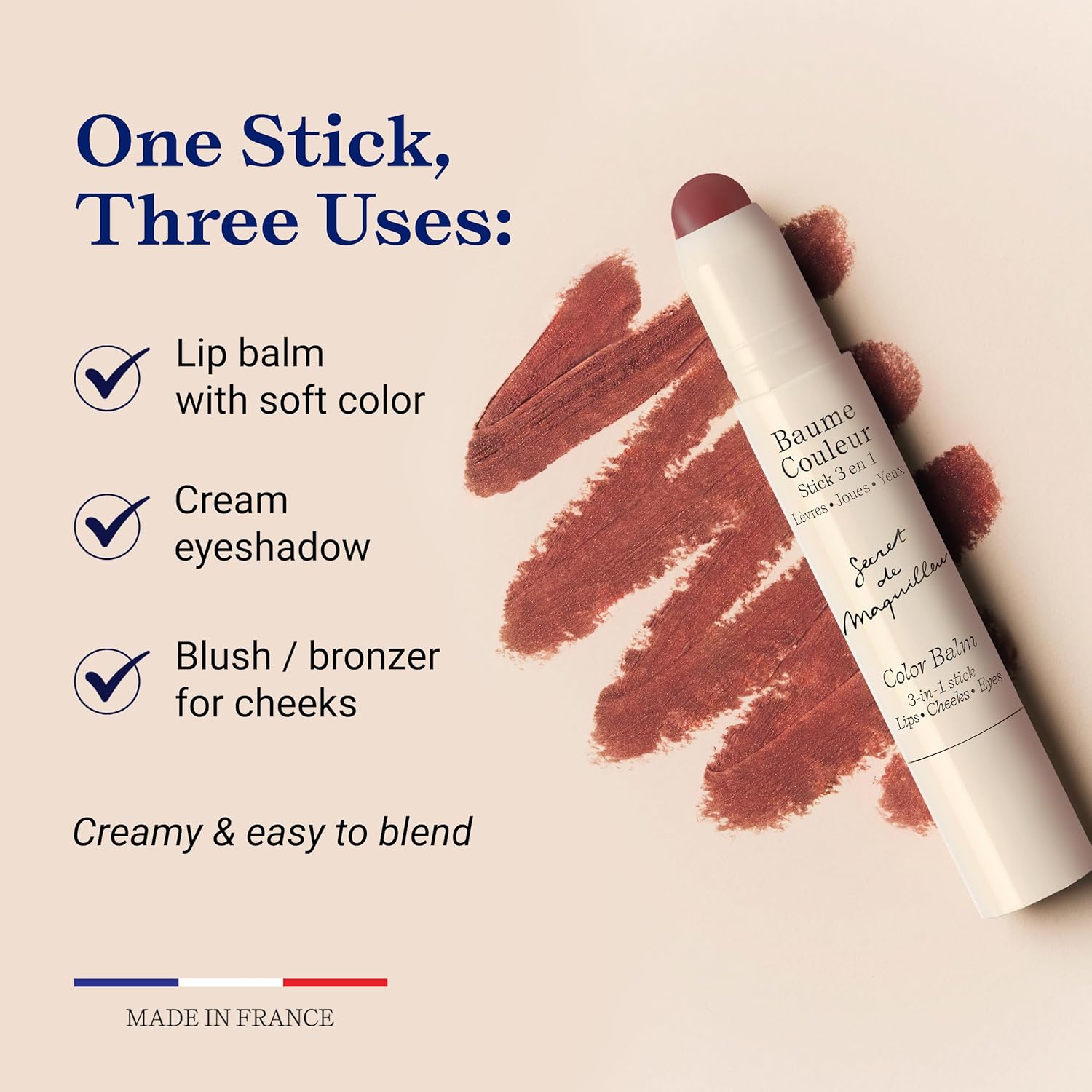 Embryolisse Artist Secret Color Balm 3-in-1 Stick Mocha shown with creamy texture swatches and on-image text highlighting three uses: lip balm with soft color, cream eyeshadow, and blush or bronzer for cheeks; creamy and easy-to-blend formula, made in Franc