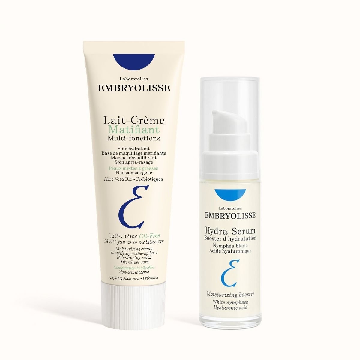 Lait-Crème Oil-Free tube and Hydra-Serum bottle, the Combination & Oily Skin Duo by Embryolisse.
