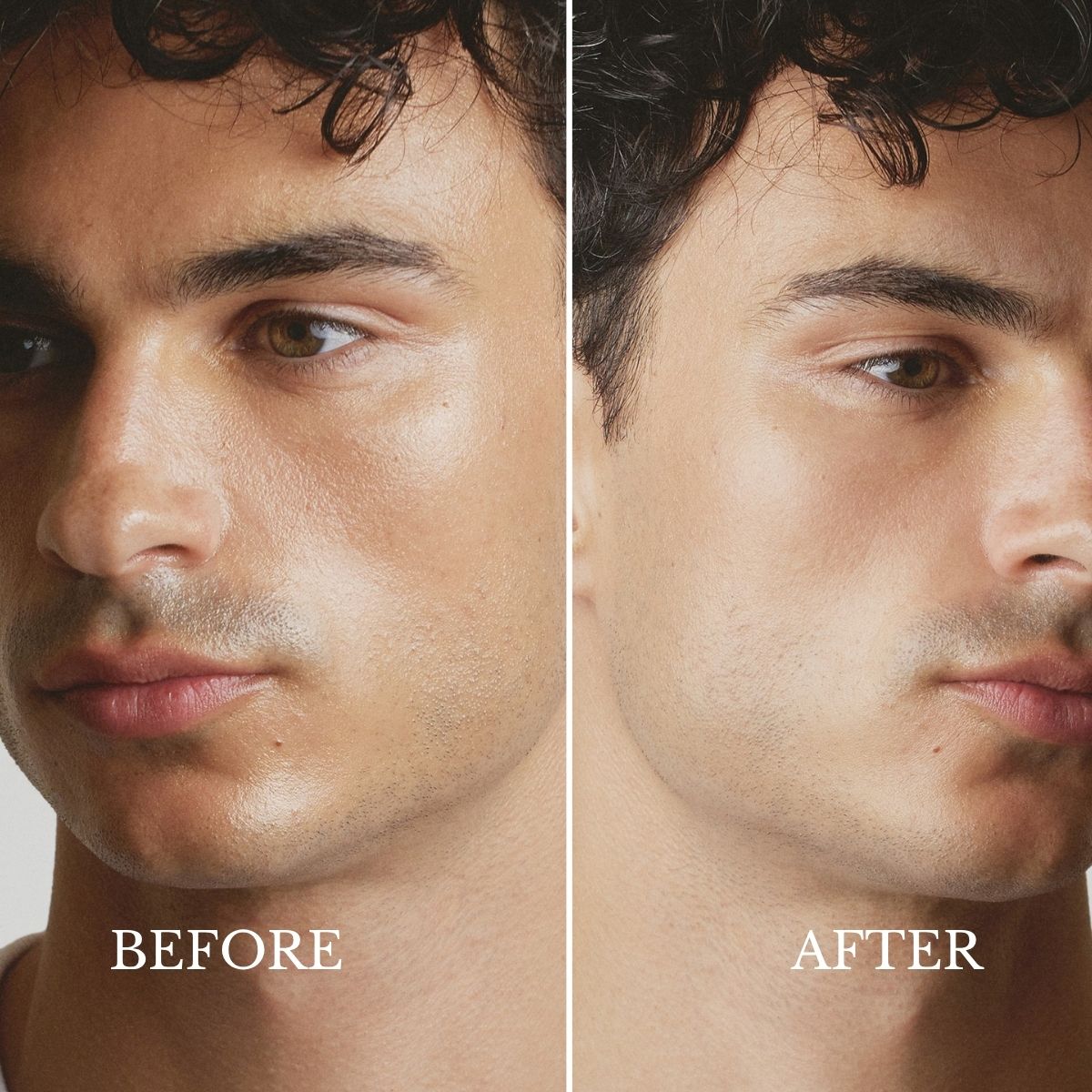 Before and after on a man's face, shine across the forehead and cheek reduced to a matte finish