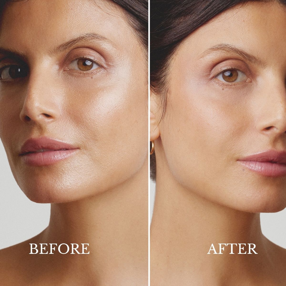Before and after on a woman's face, shine on the cheek and forehead reduced to a smooth matte finish