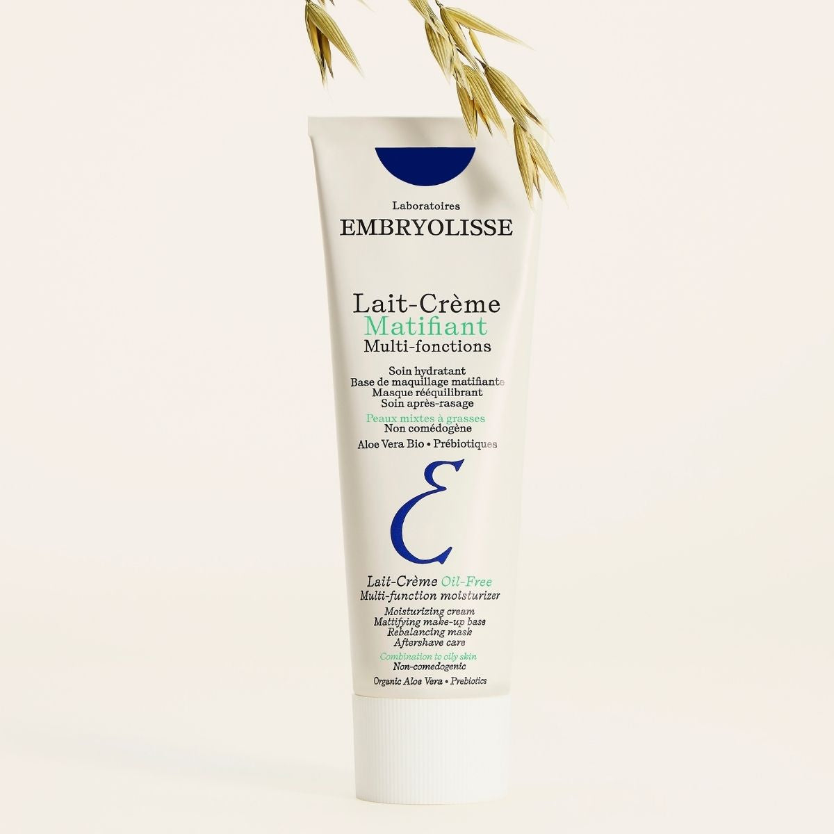 Lait-Crème Oil-Free tube with oat sprigs, formulated with organic oat milk and organic aloe vera