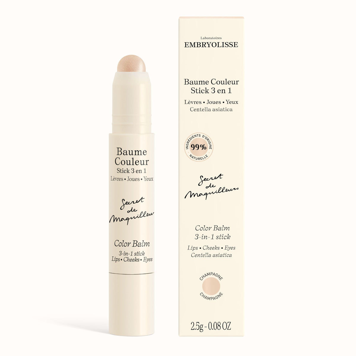 Color Balm 3-in-1 Stick in Champagne beside its box, 2.5 g (0.08 oz), for lips, cheeks and eyes
