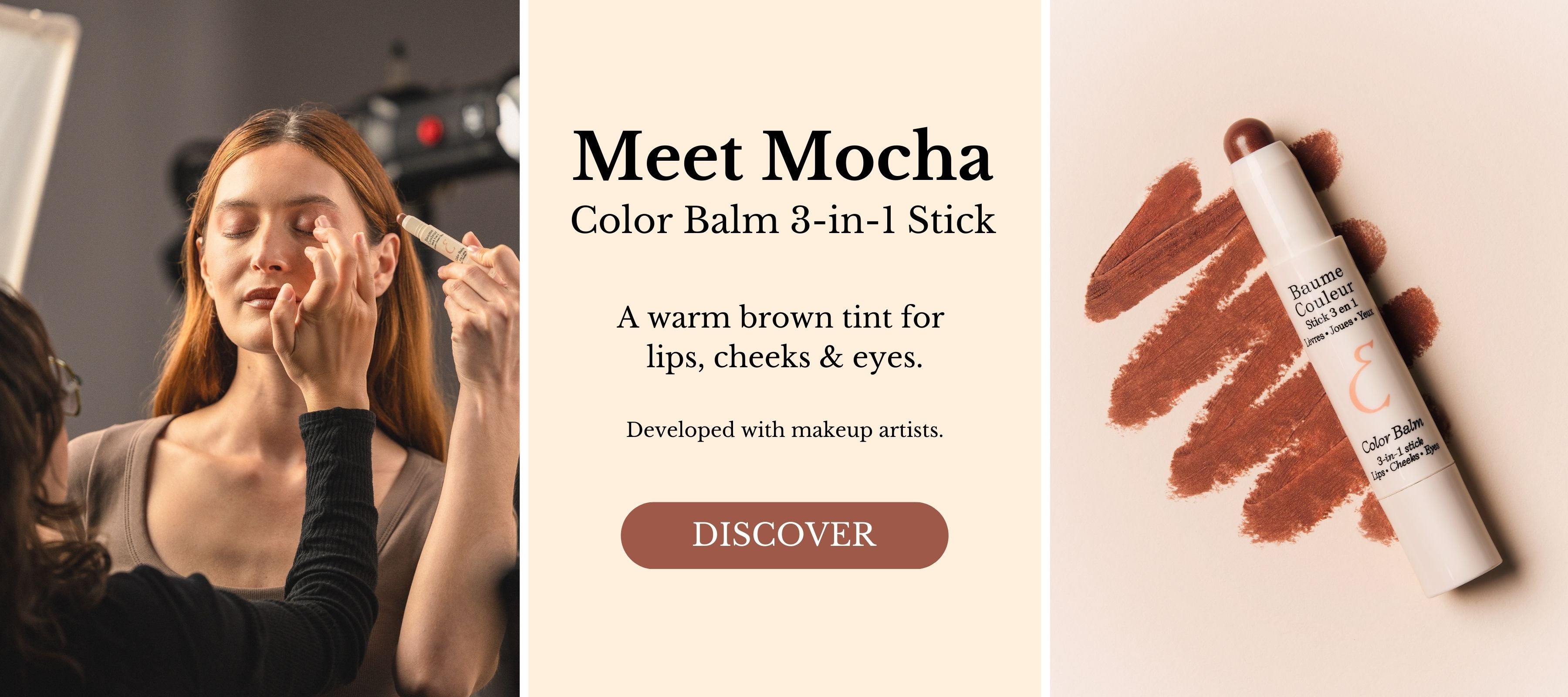 Mocha Color Balm 3-in-1 Stick by Embryolisse with a makeup artist woman applying it on a model and product packaging.