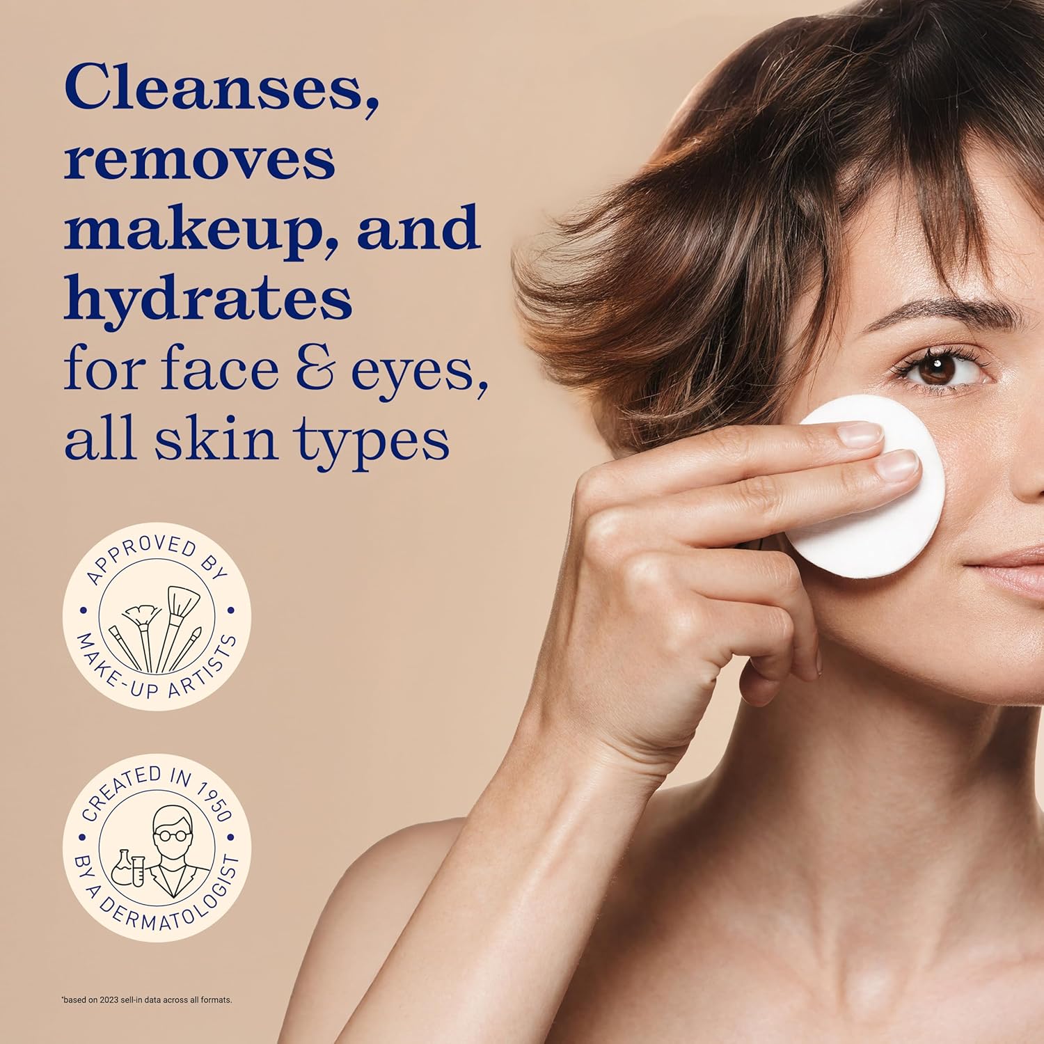 Woman applying Embryolisse Gentle Makeup Remover skincare to her face with text about product benefits on a beige background.
