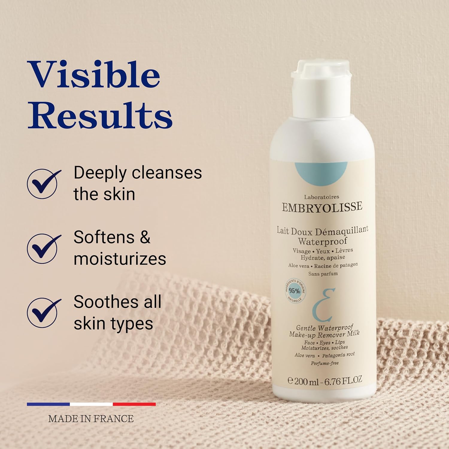 Embryolisse skincare Gentle Makeup remover with visible results on a beige background