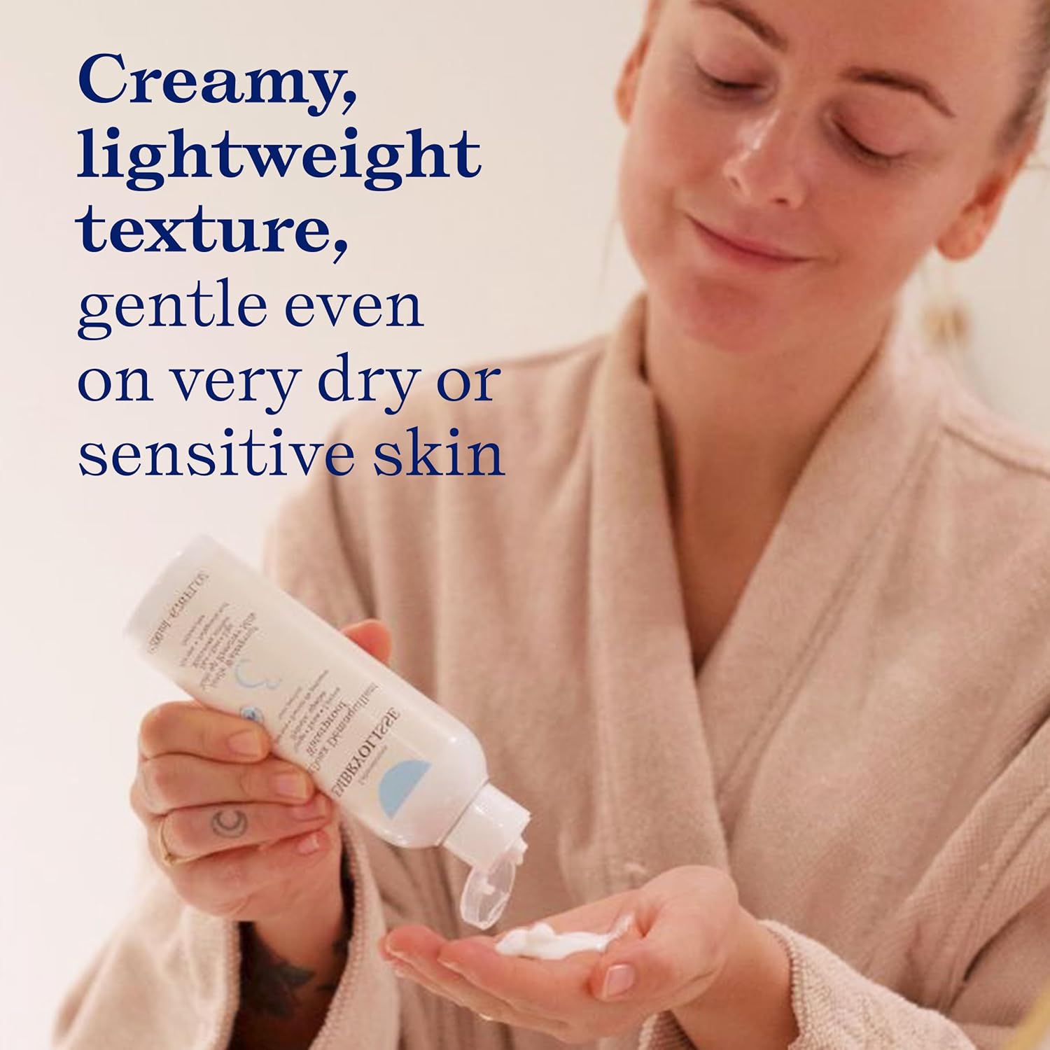 Woman applying Gentle Makeup Remover by Embryolisse to her hand with text about product texture