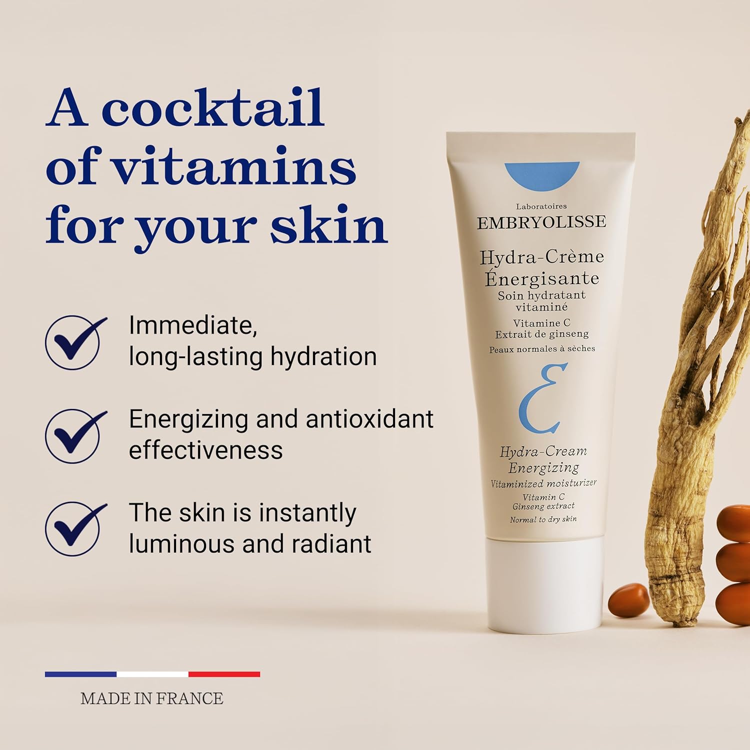Embryolisse Hydra-Cream Energizing skincare product with text about vitamins for skin on a beige background