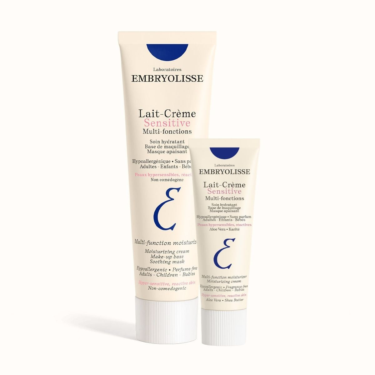 Two Embryolisse Lait-Creme Sensitive tubes, resgular size and TSA size on a white background