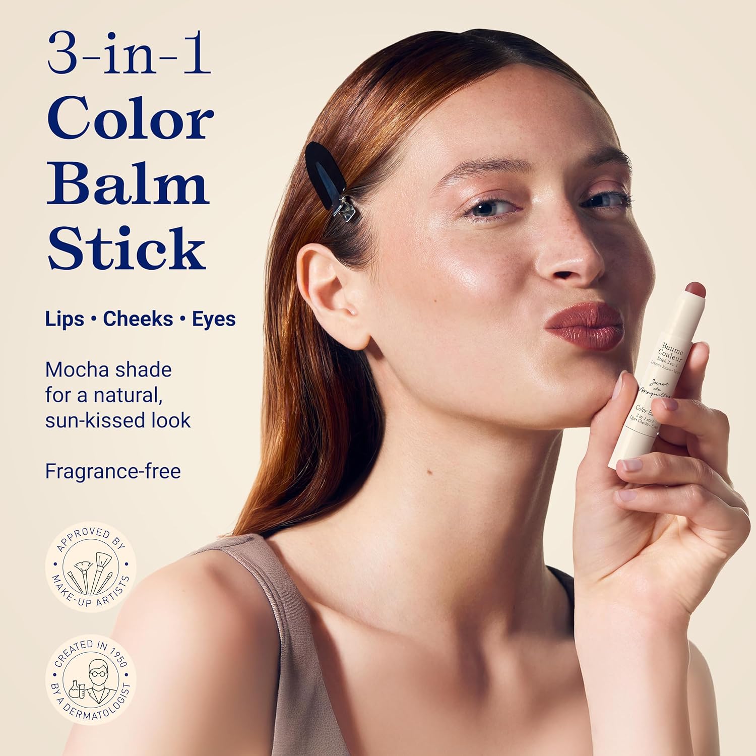 Woman applying a 3-in-1 color balm stick with product details on a beige background