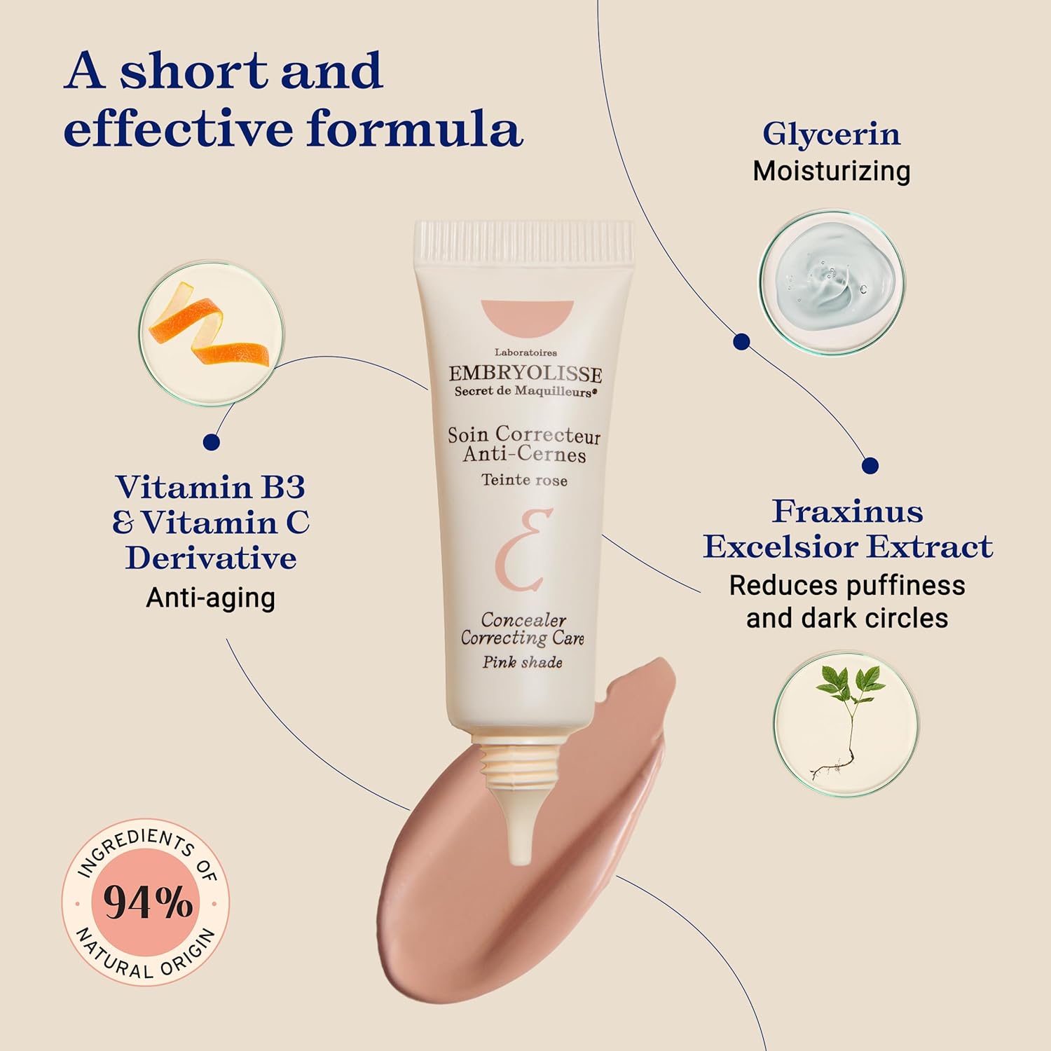 Embryolisse Concealer Correcting Care in pink shade with ingredients listed on a beige background