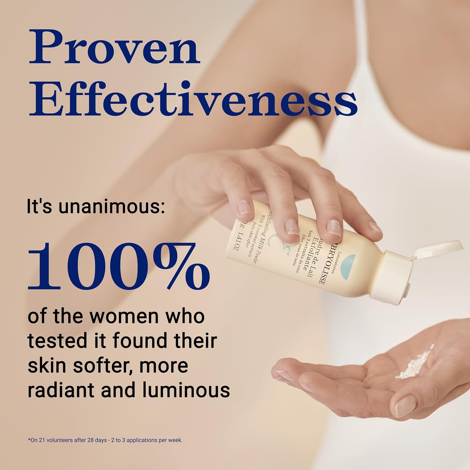 Embryolisse Exfoliating Milk Powder scrub skincare product with text about effectiveness and a hand holding the product.
