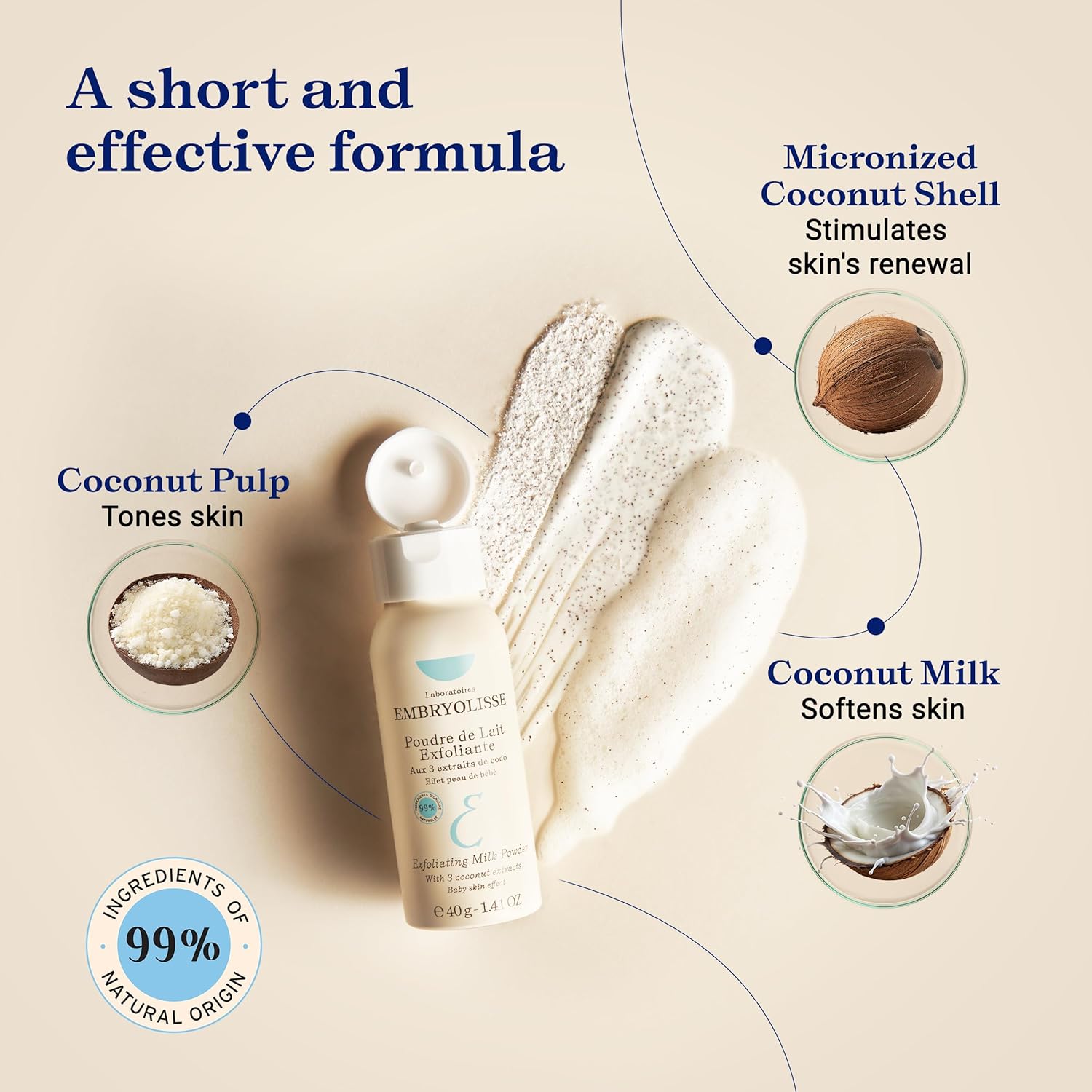 Embryolisse Exfoliating Milk Powder scrub with coconut ingredients and benefits on a beige background