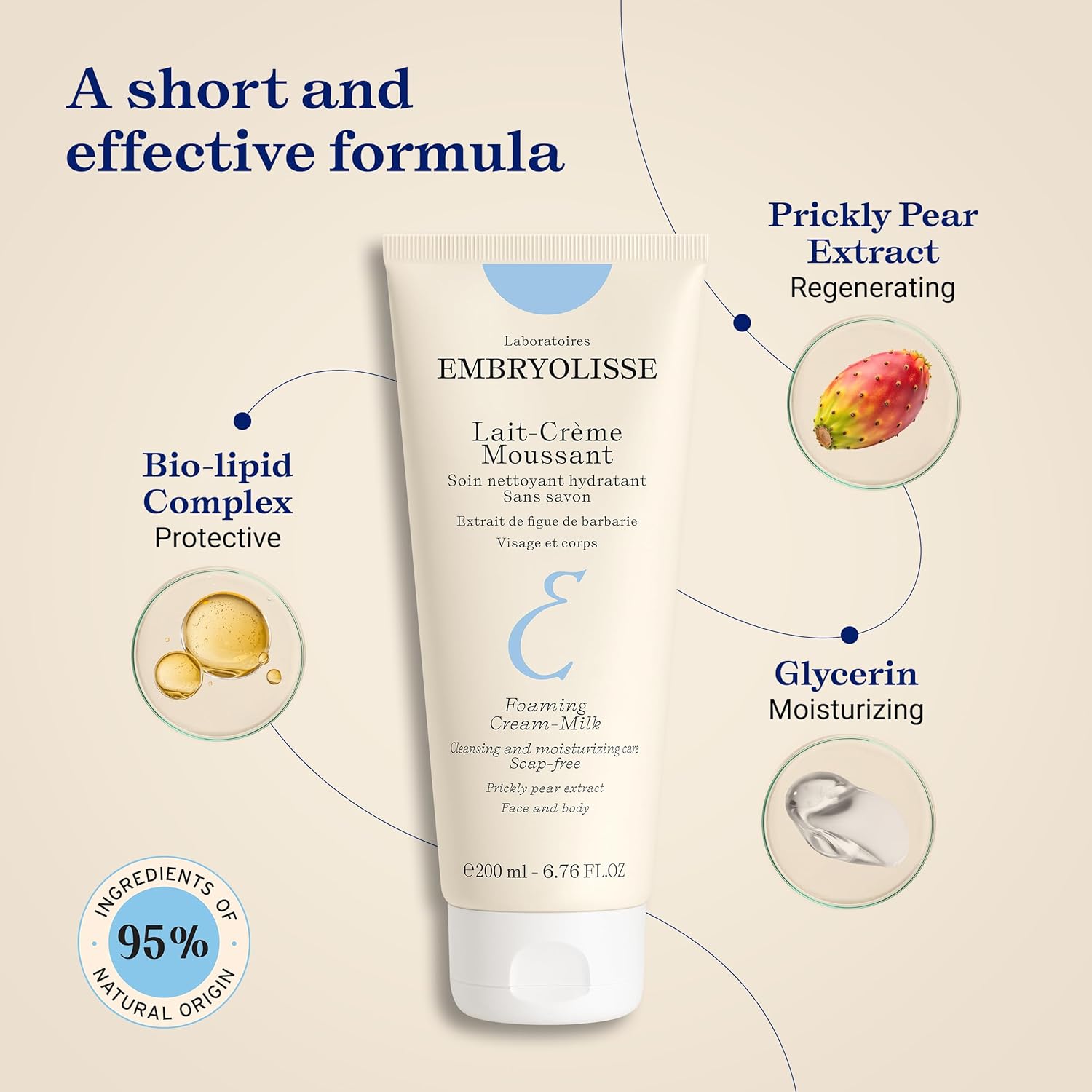 Embryolisse Foaming Cream Milk cleanser with ingredients listed on a beige background