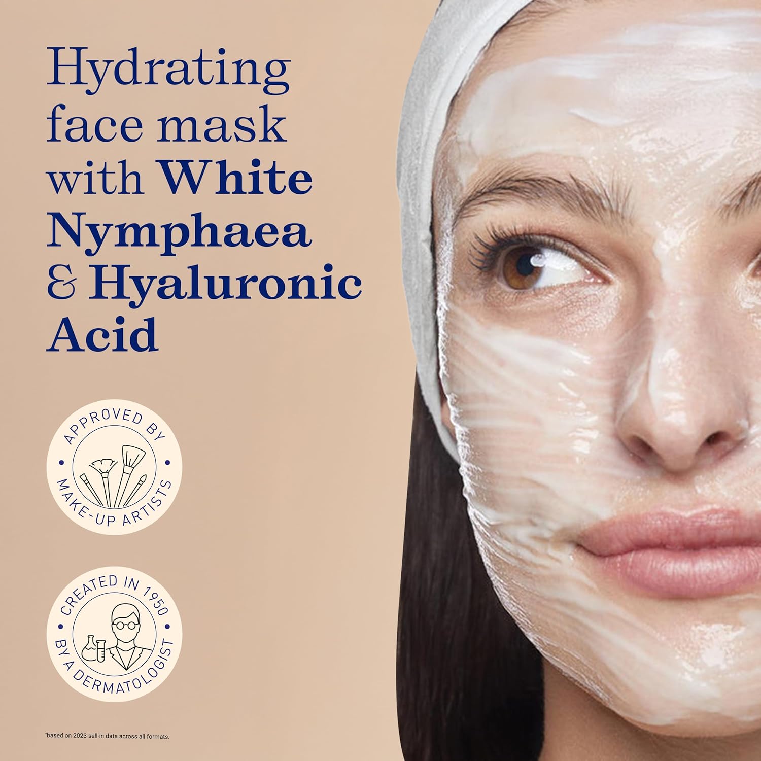 Woman wearing Intense Moisturizing Face Mask with text about ingredients and approval by make-up artists and dermatologists.