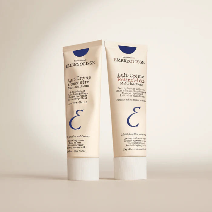 Lait-Crème Concentrñe and Lait-Crème Retinol-like, 2 Embryolisse skincare products on a light beige background