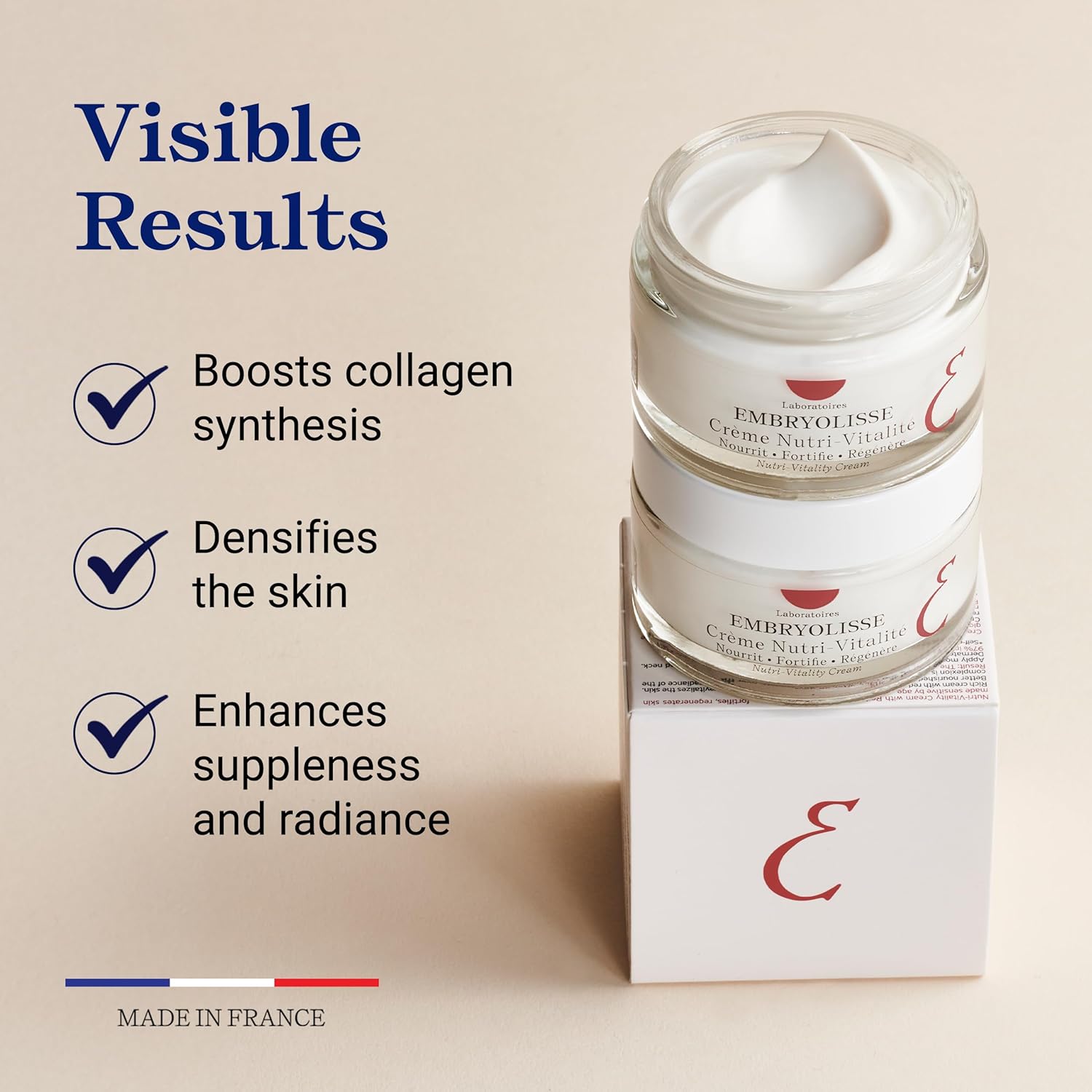 Embryolisse Nutri-Vitality anti-aging skincare cream jar with visible results text on a beige background