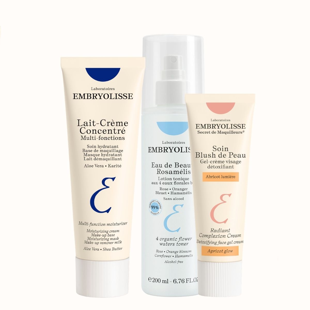 Embryolisse skincare products including Lait-Crème Concentré cream, Eau de Beauté Rosamelis toner, and Radiant complexion Cream - Apricot Glow gel on a white background