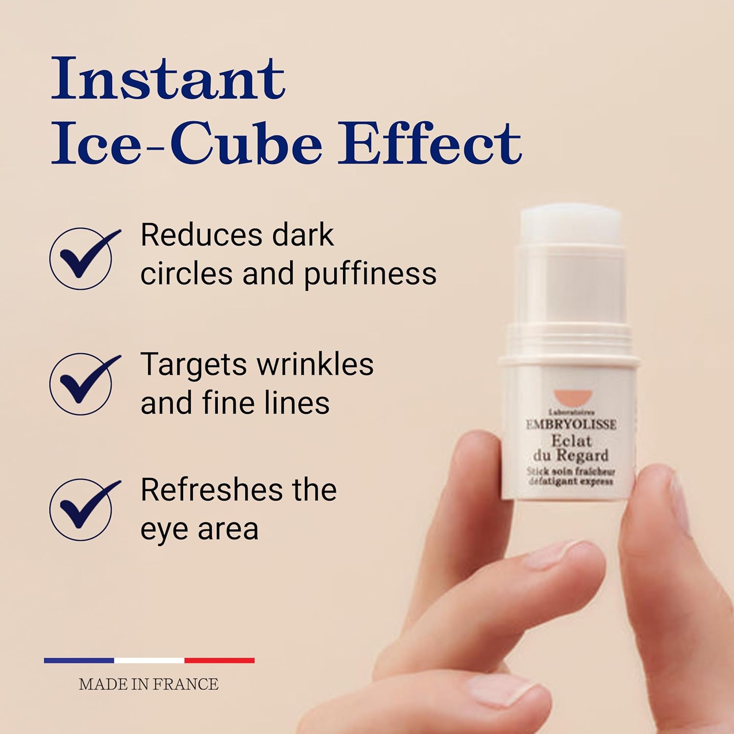 Embryolisse Radiant Eye Stick for the eye contour with text highlighting its effects on dark circles, wrinkles, and eye area refreshment.