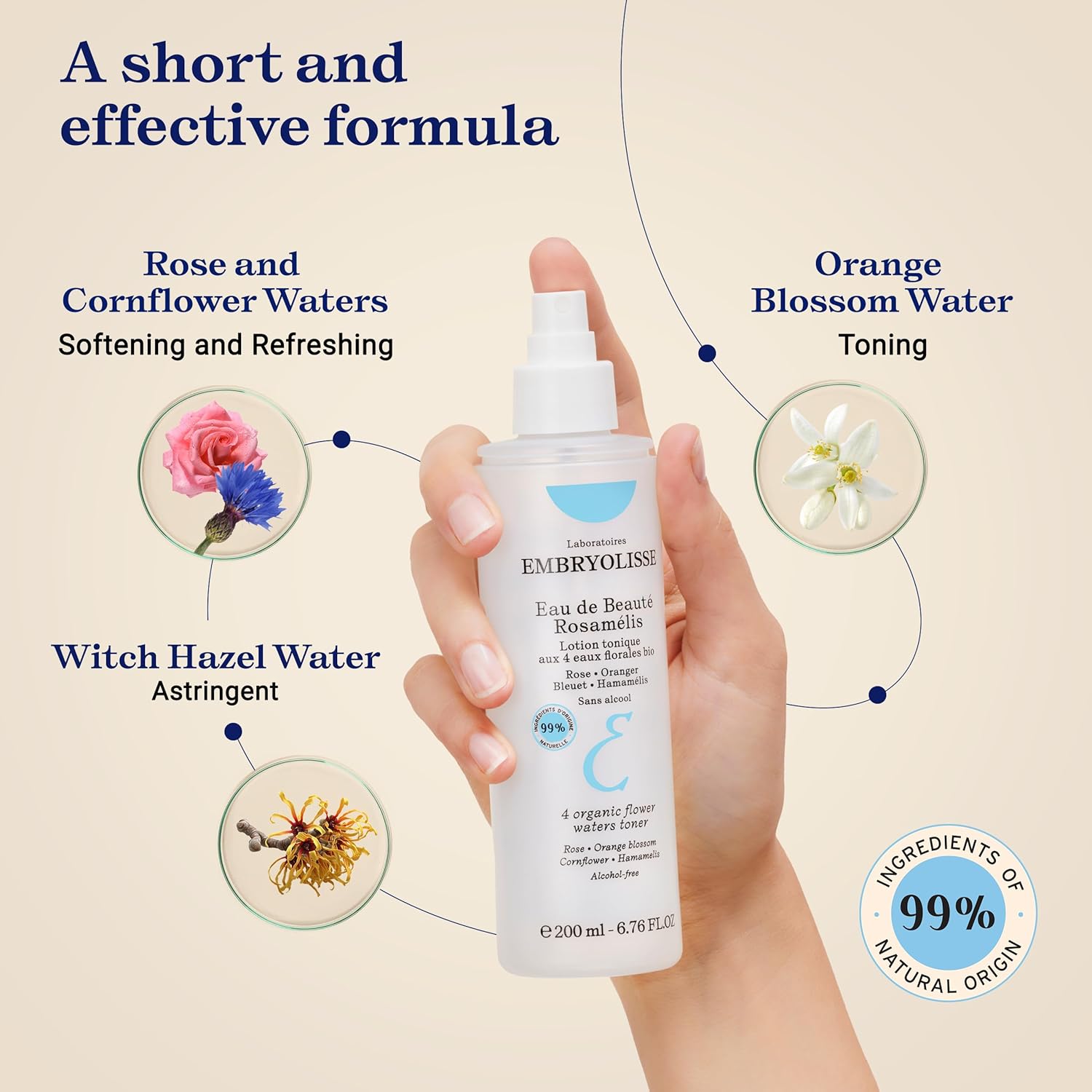 Embryolisse Eau de Beauté Rosamelis face toner with 4 water flowers held by a hand with floral elements and benefits and ingredients on a beige background