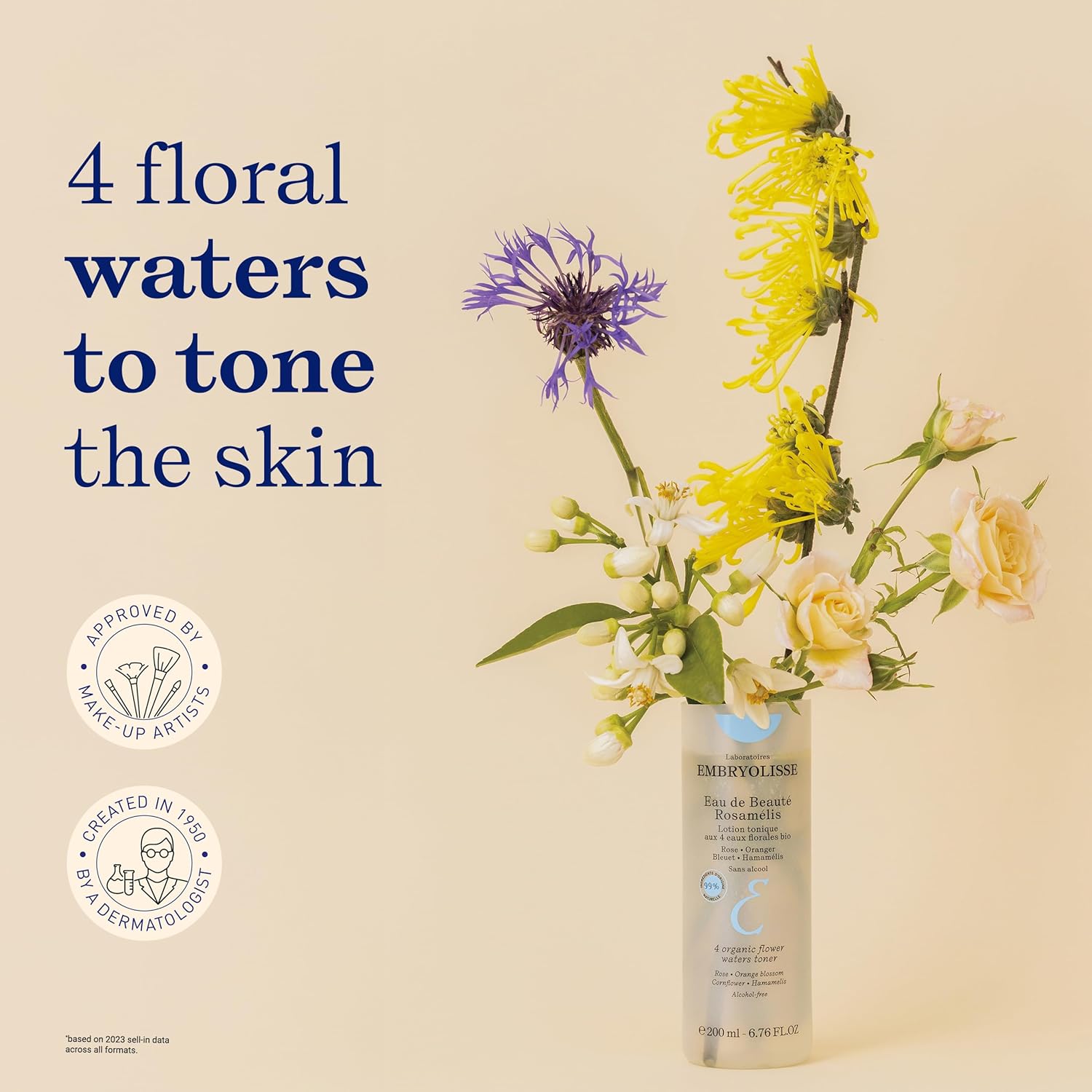 Floral arrangement with a bottle of Eau d Beauté Rosamelis by Embryolisse floral water on a beige background, featuring text about floral waters.
