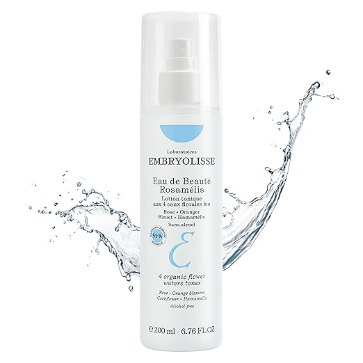 Embryolisse skincare Eau de Beauté  Rosamelis bottle with water splash on a white background